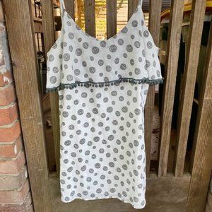 Joy Joy White Gray Polka Dot Fringe Cami Dress M